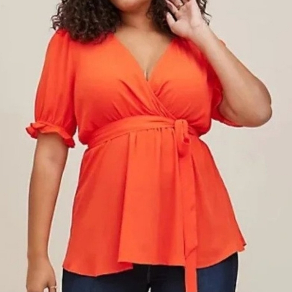 Torrid Georgette Surplice Puff Sleeve Faux Wrap Coral Orange Top Size 3 New